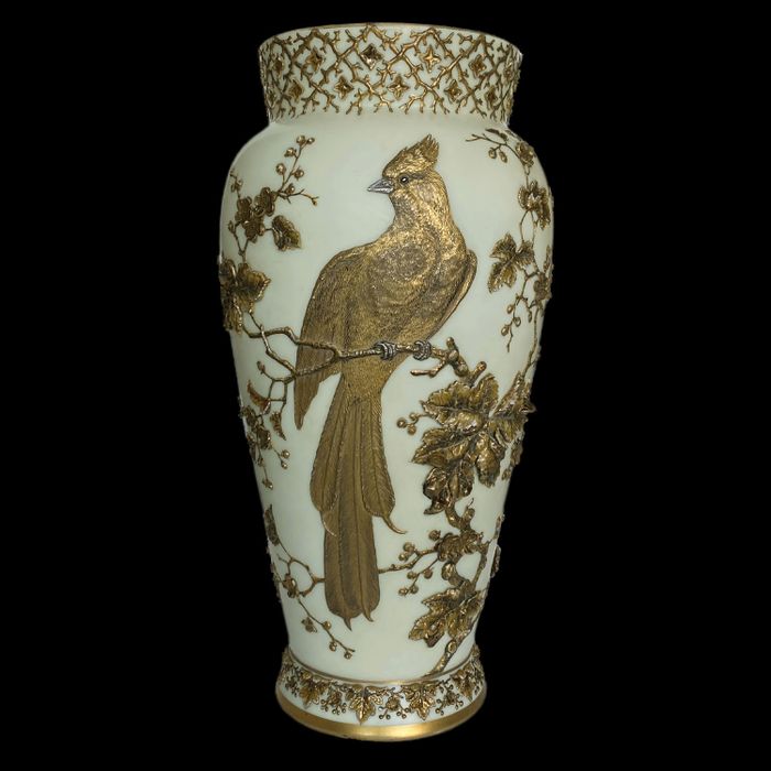 c.1890 Harrach Vaseline Uranium Glass Vase with Applied Bird & Foliage