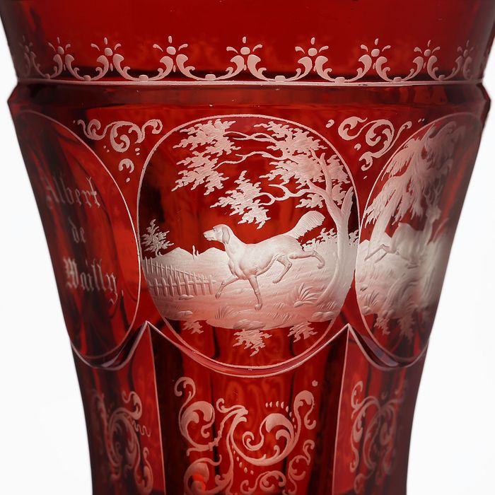 c.1890 Bohemian Ruby Flashed & Engraved Goblet Vase