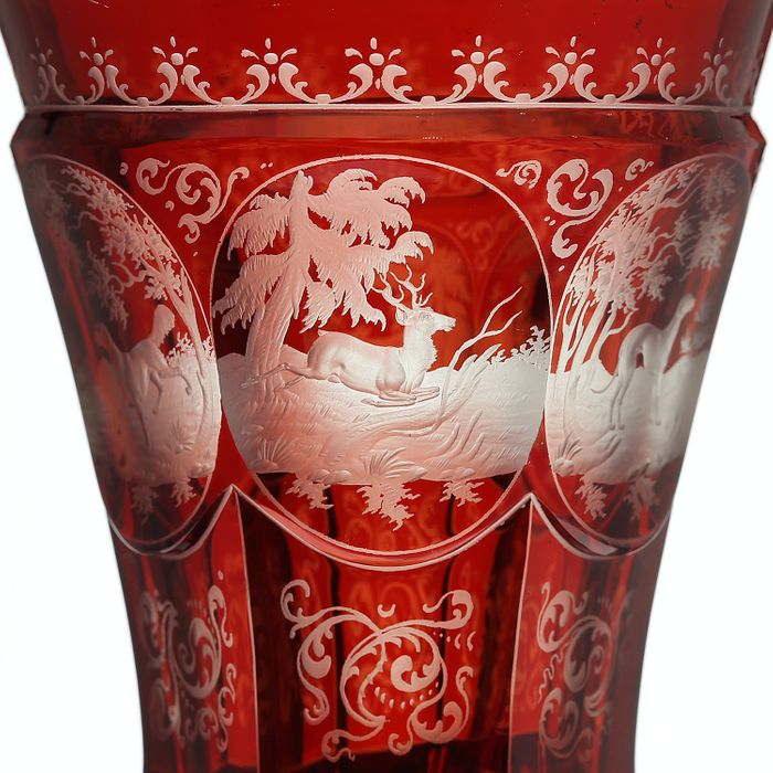 c.1890 Bohemian Ruby Flashed & Engraved Goblet Vase