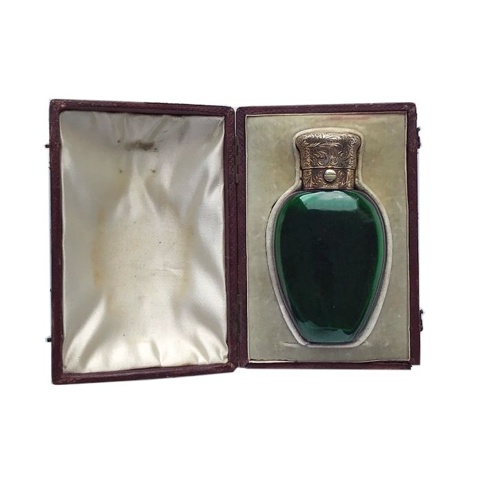 1857 Howell James Emerald Crystal Scent Perfume Smelling Salts Bottle, Boxed