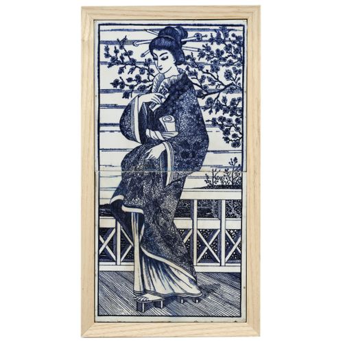 Rare c.1880 Maw Japanese Kimono Figure Two Tile Panel, Framed