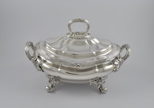 Victorian silver soup tureen marked for London 1849 by John Samuel Hunt for Hunt & Roskell.