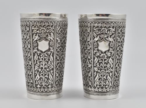 Pair of Indian silver beakers marked for MM – recorded but name currently unknown. Probably made in Cutch (Bhuj), Circa 1885- 1890.