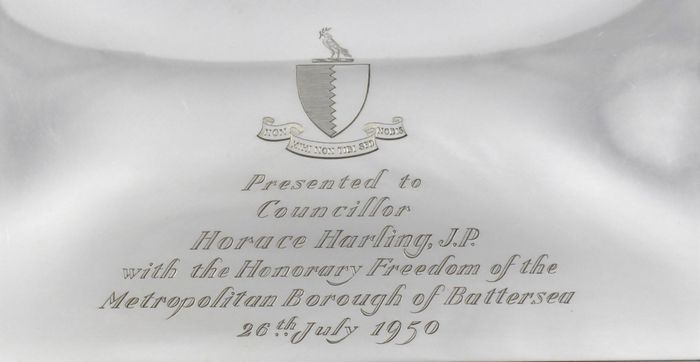 A George VI silver Freedom box marked for London 1950 designed by Alex Styles for Goldsmiths & Silversmiths and presented to Horace Harling J.P. (Justice of the Peace) with the freedom of Battersea.