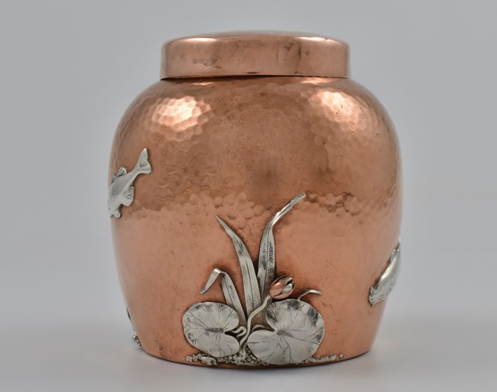 American mixed-metal silver-mounted copper tea caddy marked to the base Gorham & Co with model Number 160 and the date letter M for 1880.
