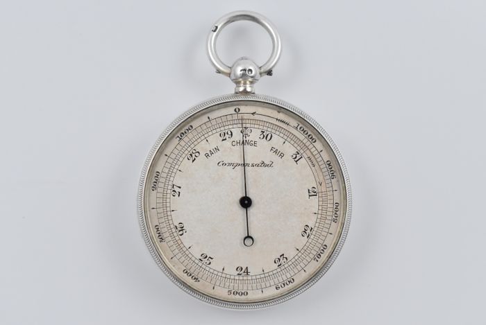 Victorian silver pocket barometer marked for London 1895 by Thomas Wheeler.