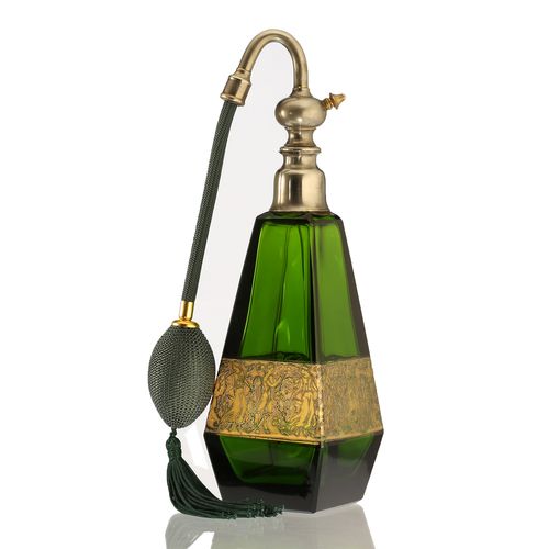 c.1920s Moser Karlsbad Emerald Crystal Scent Perfume Atomiser Spray, Figural Frieze, signed