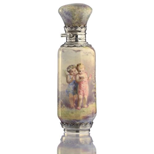c.1870 French Enamelled Scent Perfume Bottle, Silver  Mounts
