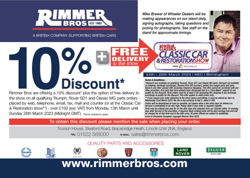 Save 10% on Triumph, Rover SD1 and Classic MG Parts and get free delivery to the show!