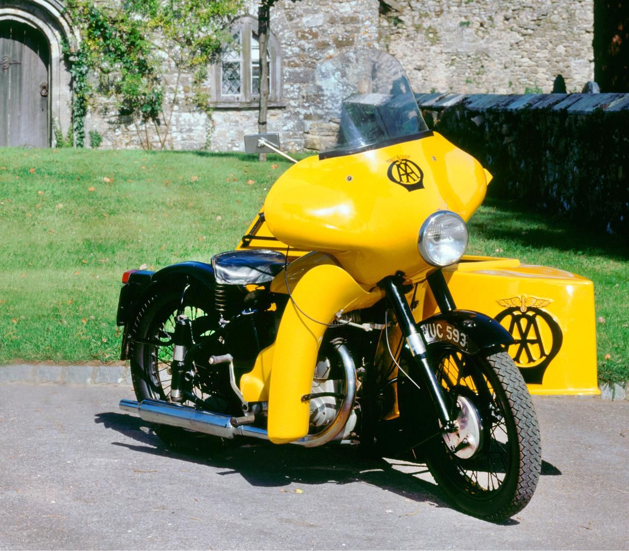 A line of new BSA M21 combinations ready for service with the AA in 1960