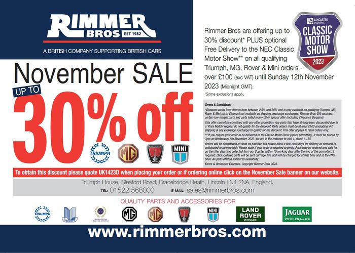 Rimmer Bros are offering up to 30% Discount & Free Delivery to the Show!