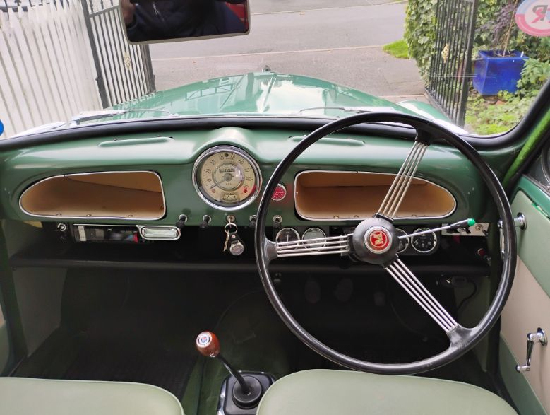Alan’s 1962 Morris Minor 1000 interior and steering wheel Almond Green, 4-door – Reg: 108 UXE