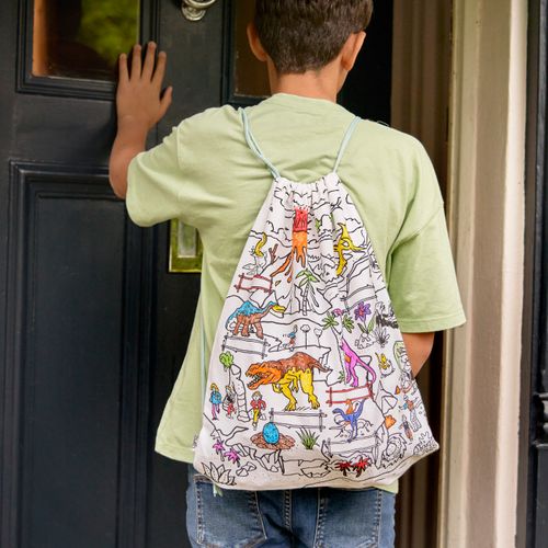 colour-in dinosaur backpack