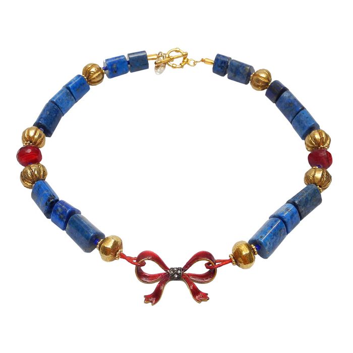 Enchanting Necklace of Red Enamel Bow with Lapis and Gold