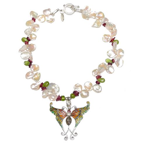 Exquisite Ruby & Pearl Butterfly Flits Along with Keshi Pearls & Tourmaline