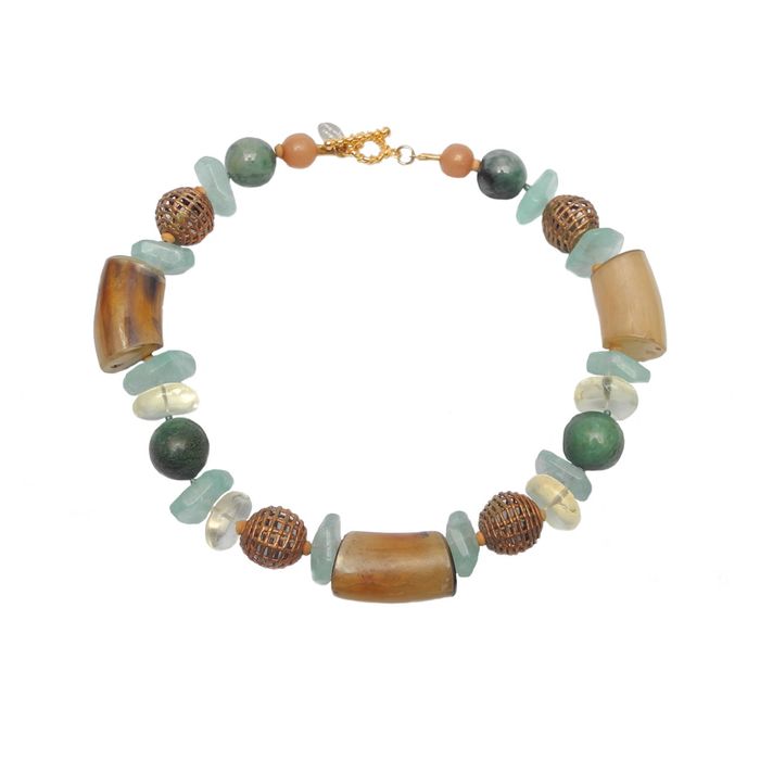Chilled Necklace of African Buffalo Horn & Brass, with Jade & Crystal