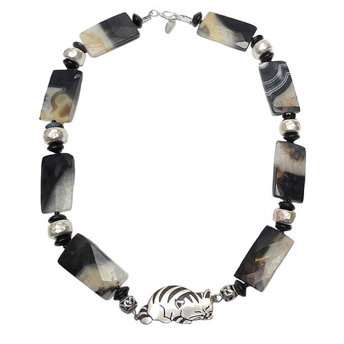 Contented Tabby Cat in Silver, Stars in Necklace of Agate & Silver
