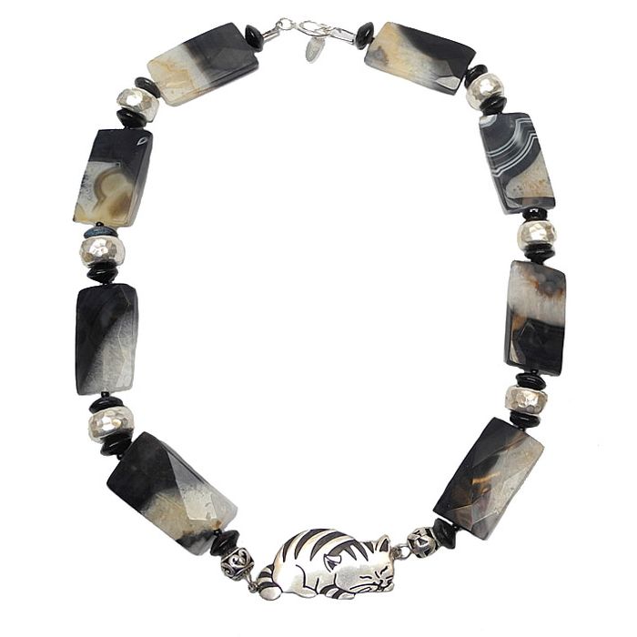 Contented Tabby Cat in Silver, Stars in Necklace of Agate & Silver