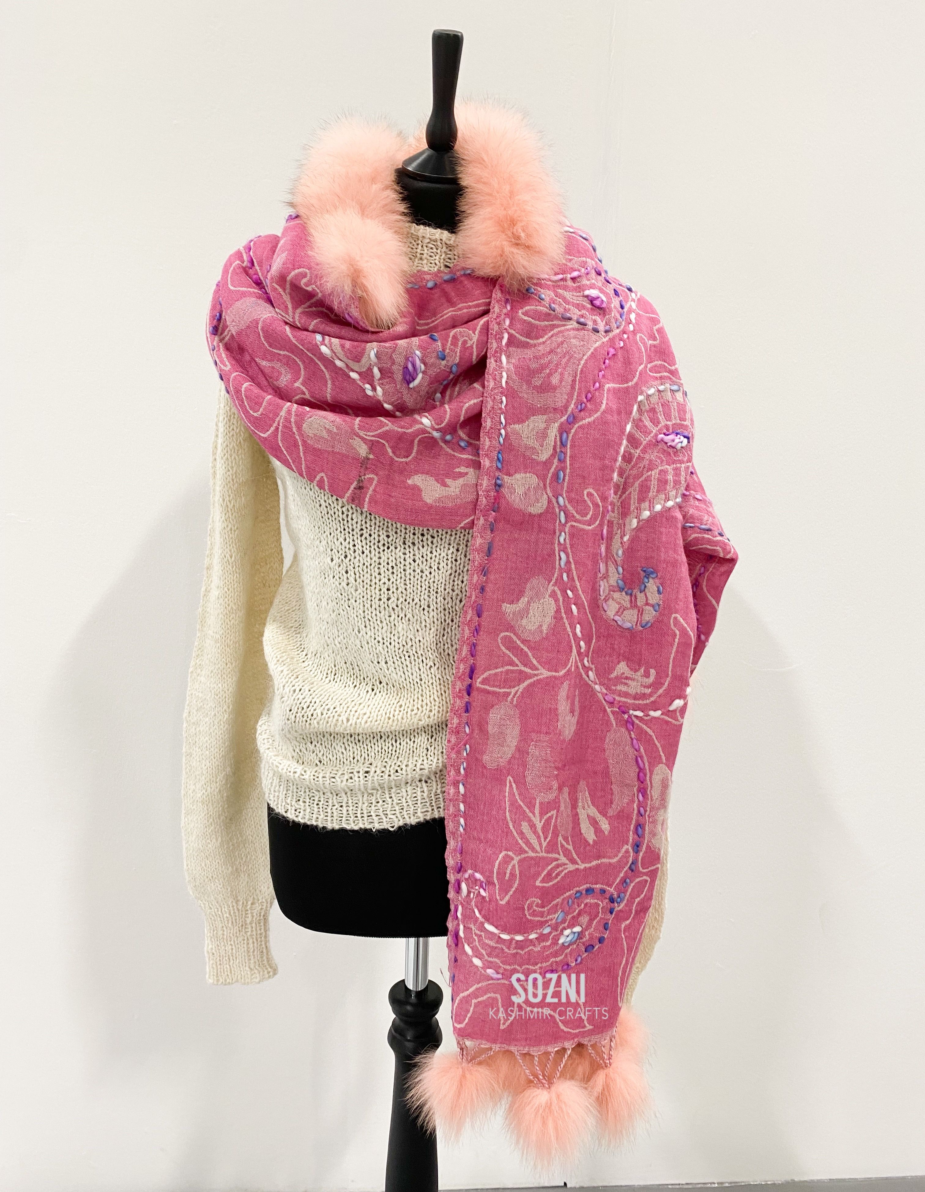 Pink Embroidery wool with fur neck scarf