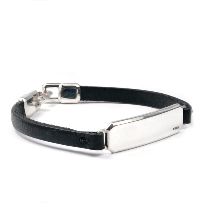 Silver ID tag leather strap bracelets