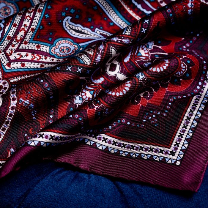 'Labyrinth' in burgundy, red, blue & cream
