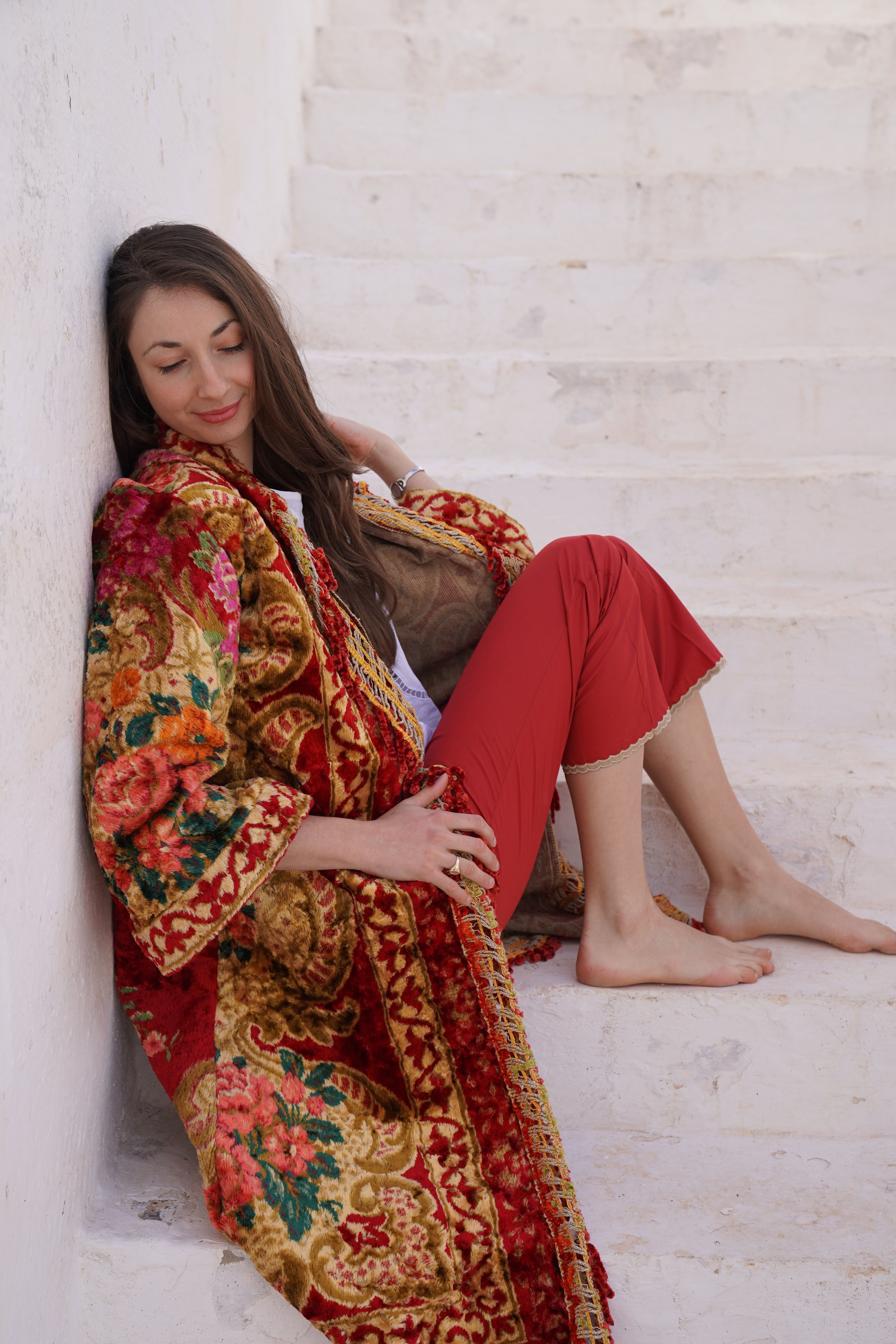 Vintage Kimono with Deep Red Roses