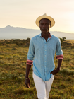 Anga Sky-Blue Linen Shirt with Kenyan Kikoy Fabric Detail