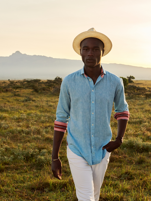 Anga Sky-Blue Linen Shirt with Kenyan Kikoy Fabric Detail