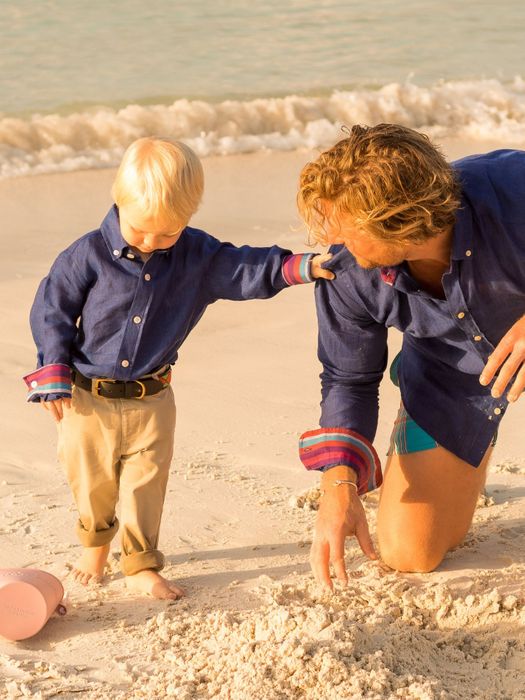 Boys Royal Blue Linen Shirt - Kenyan Kikoy Fabric detailing