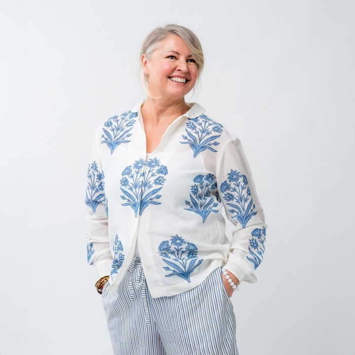 Hand printed cotton silk blouse