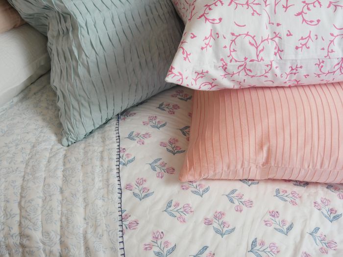PLEATED DUSTY PINK block printed cushion