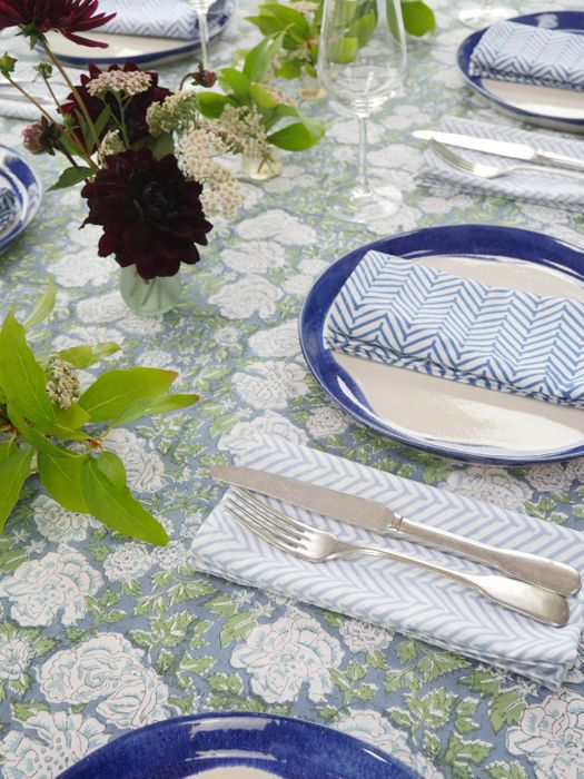 IN BLOOM BLUE hand block printed tablecloth
