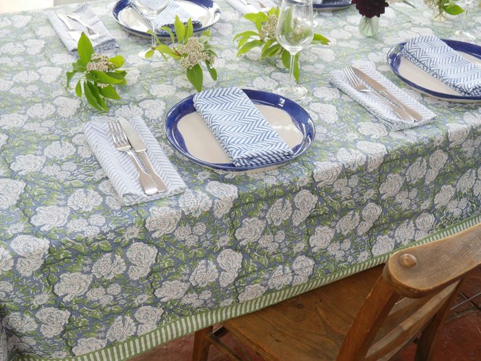 IN BLOOM BLUE hand block printed tablecloth