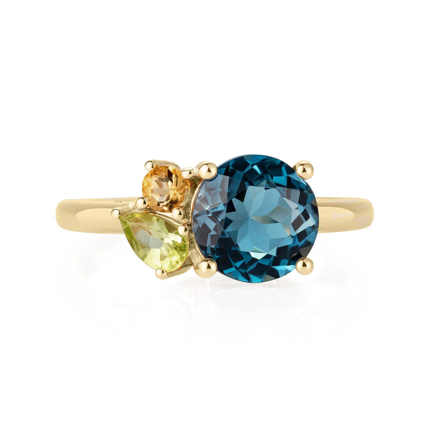 Como Teal Topaz, Peridot and Citrine Gold Cluster Ring