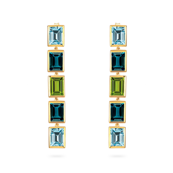 Aurora Sky Blue Topaz, London Blue Topaz and Peridot 5 Drop Earrings