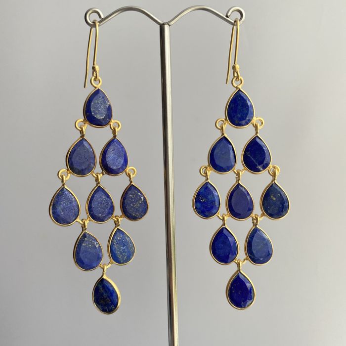 Gold Plated Sterling Silver Chandelier Earrings with Natural Gemstones  - Lapis Lazuli