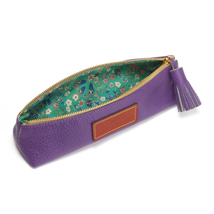 Pencil Case in Textured Purple Cowhide Leather