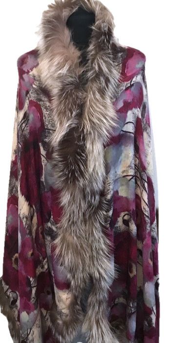 Digital print Cashmere & Silk blend Wrap with Up-cycled Fur Trim