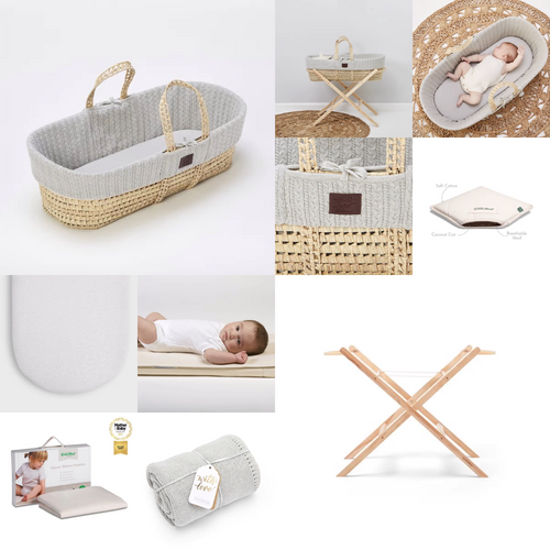 NATURAL KNITTED MOSES BASKET, MATTRESS & STAND - DOVE GREY