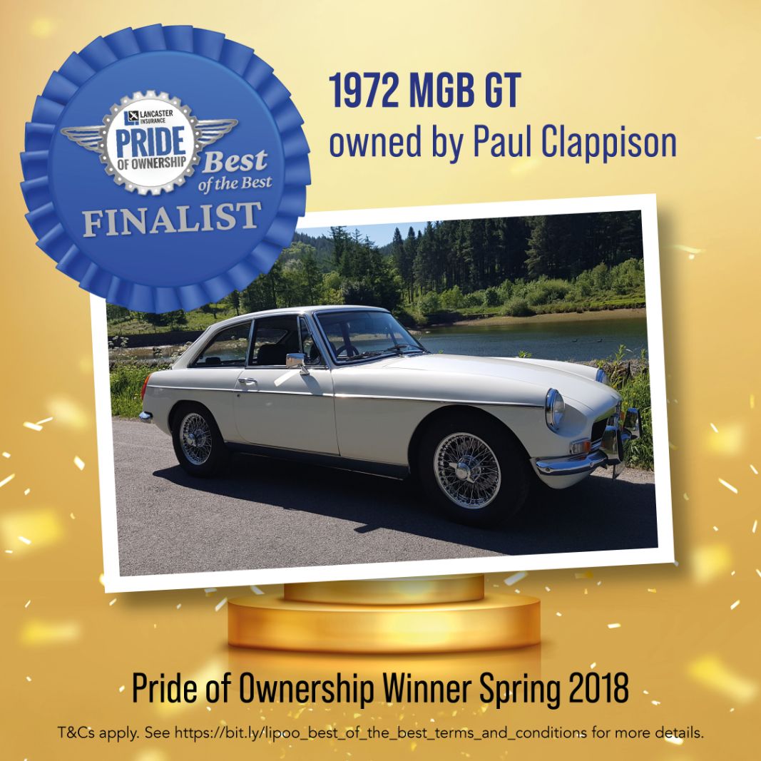 1972 MGB GT in white owned by Paul Clappison, a Lancaster Insurance Pride of Ownership Winner Spring 2018 and Best of the Best Finalist.