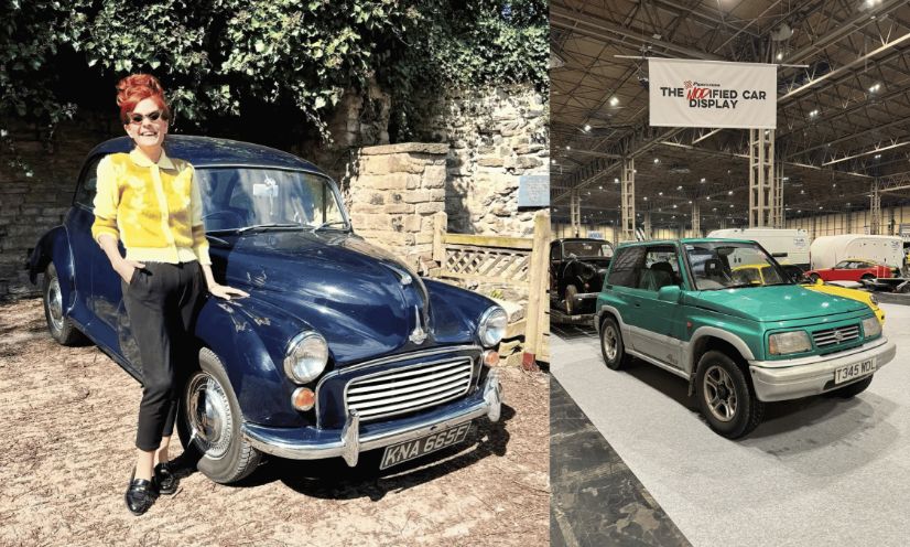 Composite image of YouTuber idriveaclassic: Left, posing with a dark blue classic Morris Minor (KNA 665F); Right, showing a turquoise modified classic Suzuki Vitara/Sidekick on display at a car show