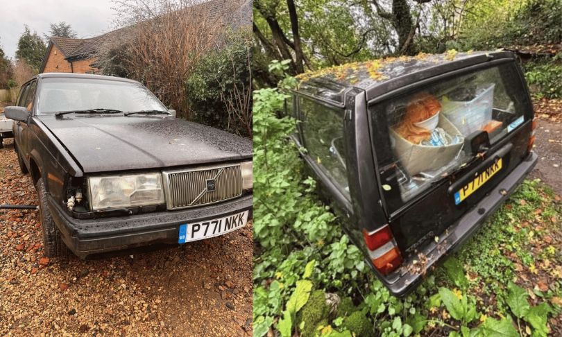 Composite view of a black Volvo 940 estate (P771 NKK) project car featured by content creator Driven by Meg
