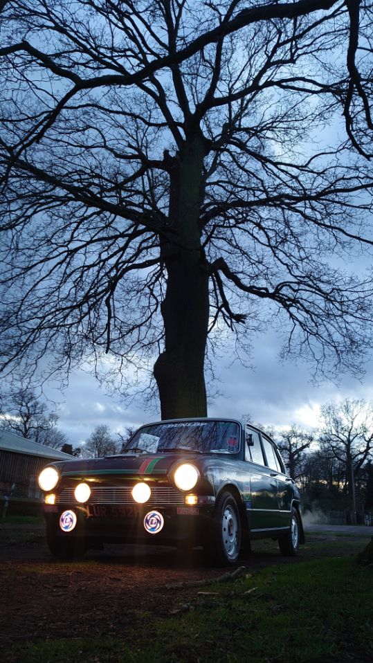 Classic dark-colored Triumph 1300 rally car with bright auxiliary lights parked beneath a large, bare tree at dusk