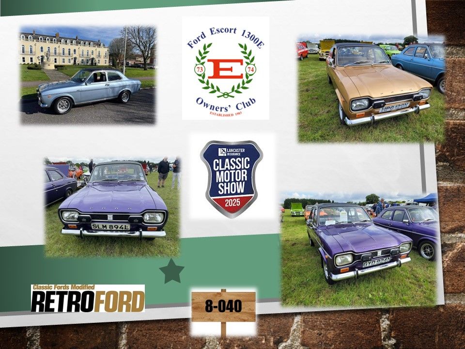 Collage featuring diverse Ford Escort 1300E models including a rare purple 4-door, Series 2, and Series 1 pre-launch car from the Ford Escort 1300E Owners' Club, at the Lancaster Classic Motor Show 2025.