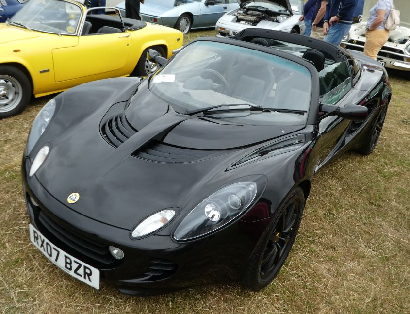 Black Lotus Elise convertible sports car parked on a grassy field.