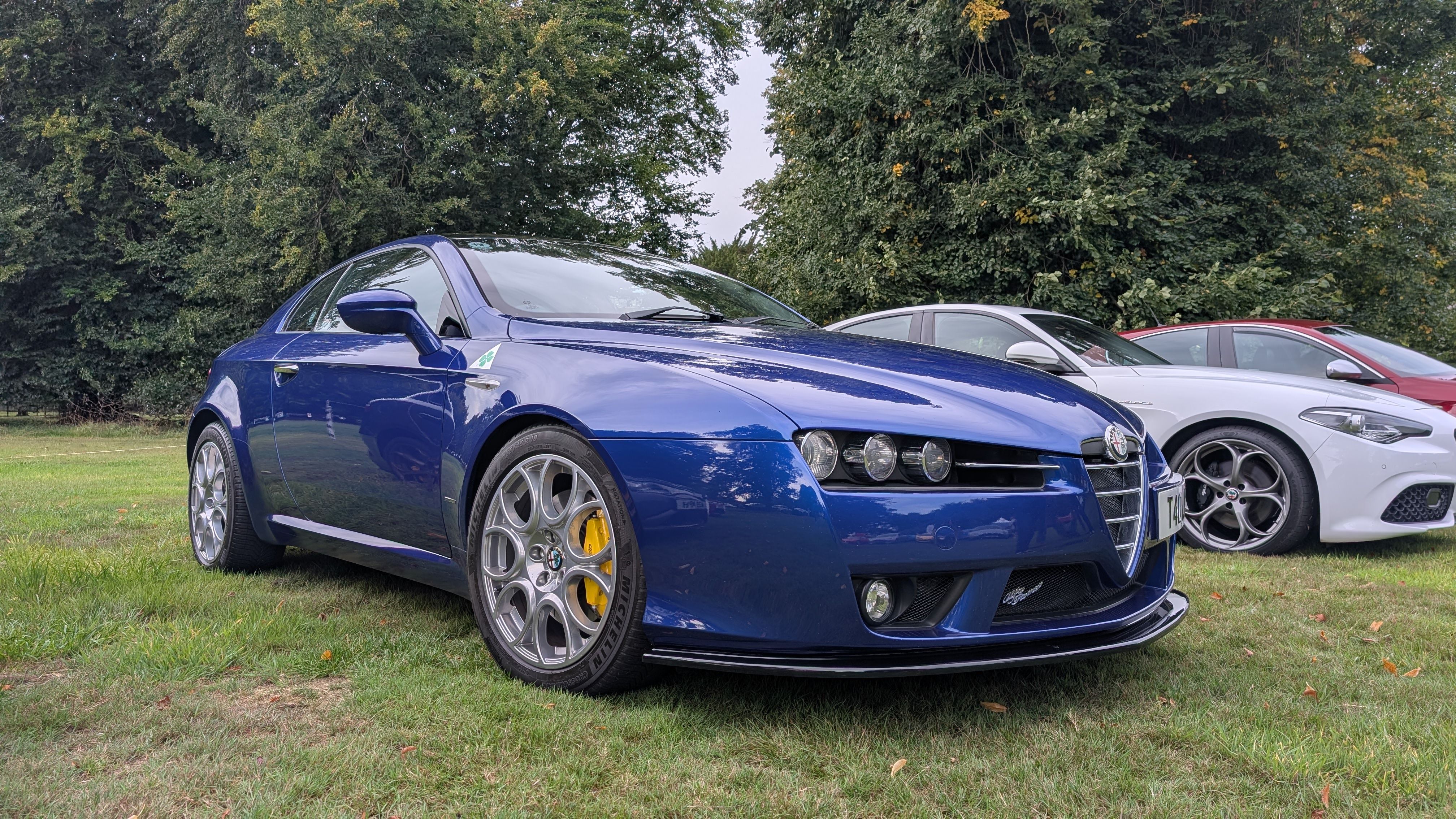 A low-angle shot of a deep blue Alfa Romeo Brera coupe on a grassy field. The car is parked with a white Alfa Romeo 159 sedan behind it on the left and a red car on the right. In the background, there are lush green trees and a cloudy sky, suggesting an outdoor car show or event.