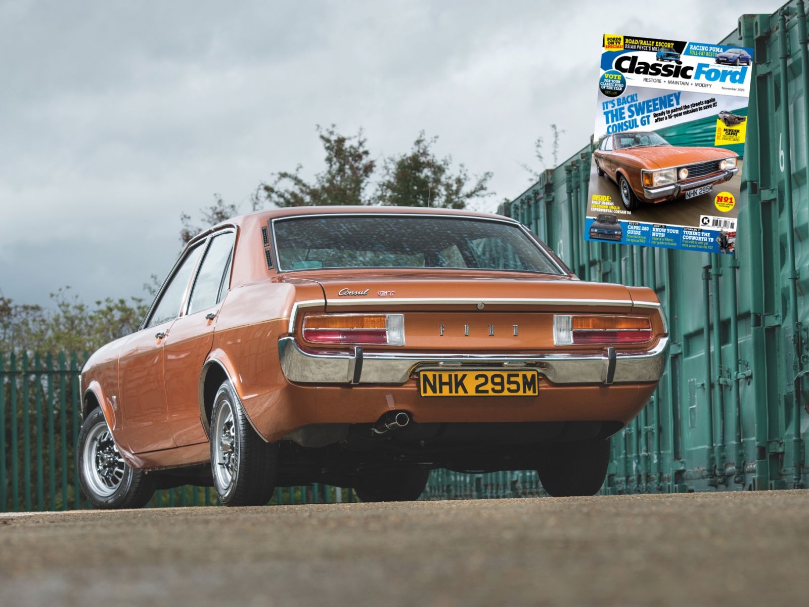 ear angle of a classic brown Ford Consul GT saloon, instantly recognizable as a car from the TV series The Sweeney.