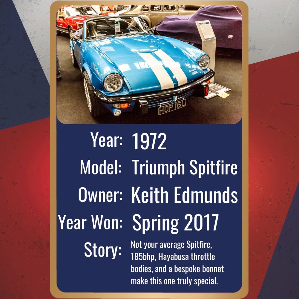 A title card featuring a blue 1972 Triumph Spitfire with white racing stripes is the main subject of this image. The classic convertible is on display at a car show, with other vehicles visible in the blurred background. The card provides details about the car: it is a 1972 Triumph Spitfire owned by Keith Edmunds, which won an award in Spring 2017. A story on the card highlights its unique features, including a powerful 