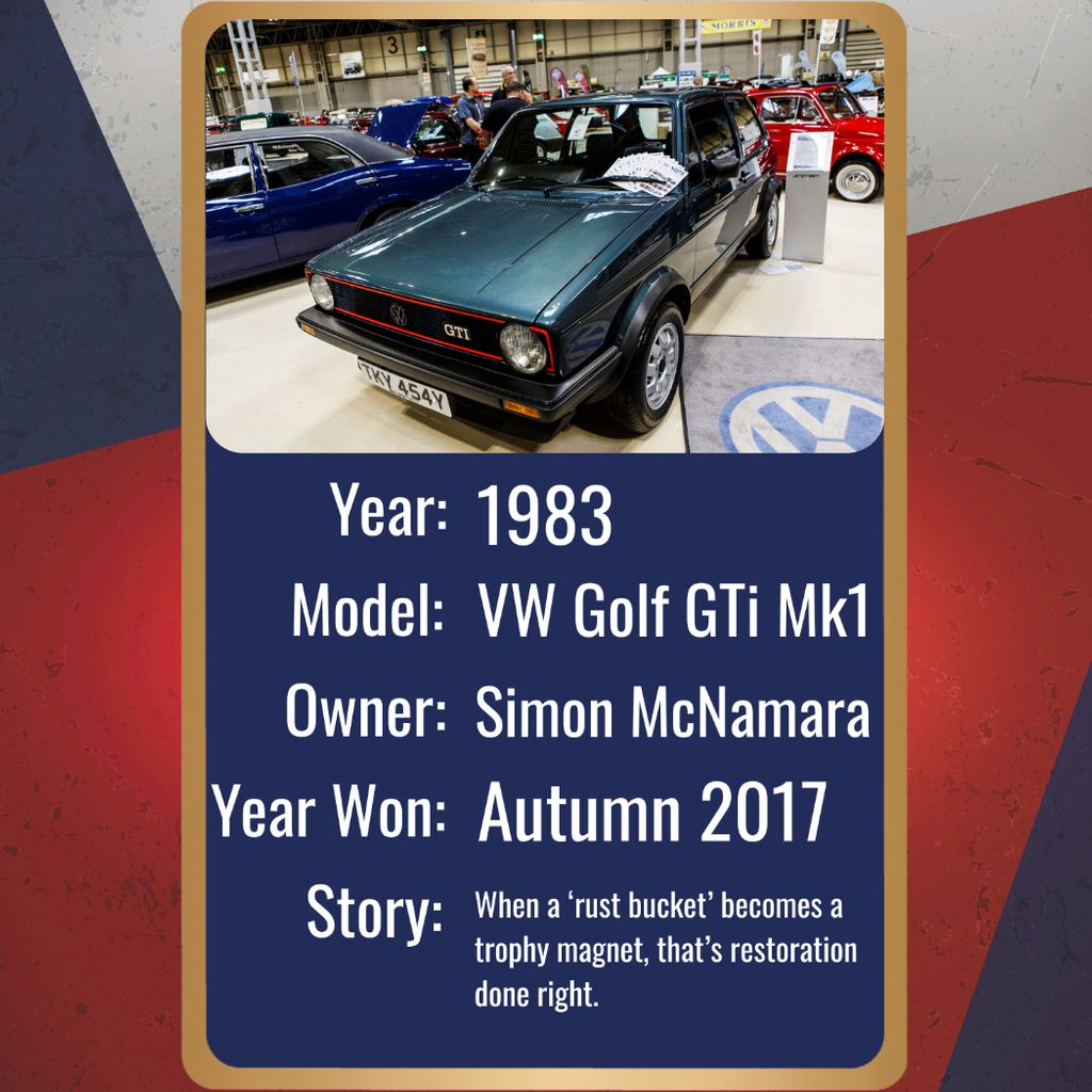 A title card featuring a dark green 1983 Volkswagen Golf GTI Mk1 is the main subject of this image. The car is on display at a motor show, and its front license plate reads 