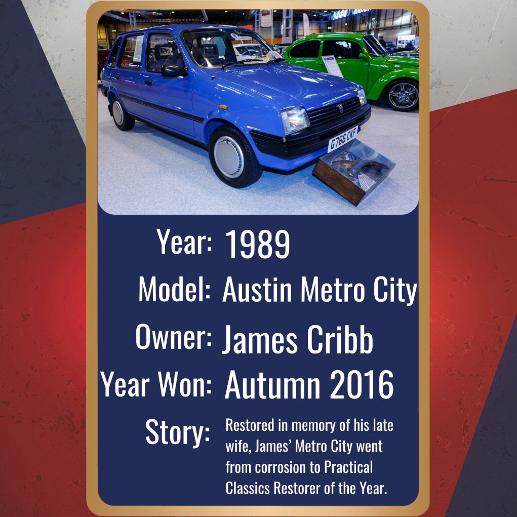 A vintage blue 1989 Austin Metro City is the subject of this image, which is presented as a title card. The compact hatchback is on display at an indoor car show, with a small display of engine parts next to it. In the background, a green car is also visible. The title card provides key information: the car is a 1989 Austin Metro City, owned by James Cribb, and it won an award in Autumn 2016. A brief story notes that the car was restored in memory of the owner's late wife and was named 